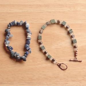 Blue Sodalite Irregular Real Stone Cube Green Marble Copper Bracelet Lot 2 Boho